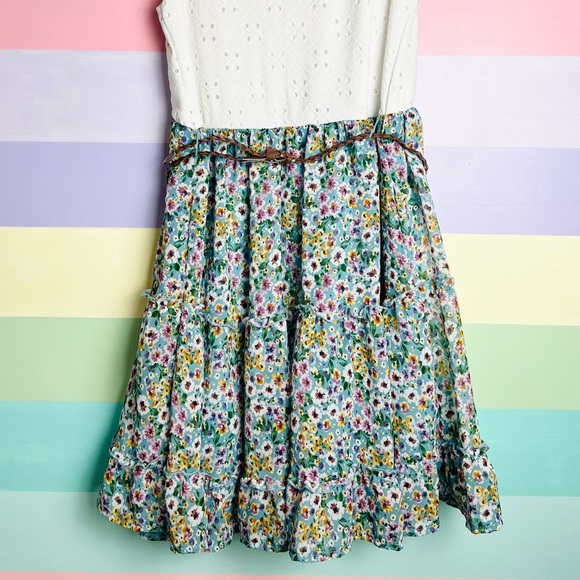 Girls eyelet, floral dress, flutter skirt, size 14 - Picture 5 of 6